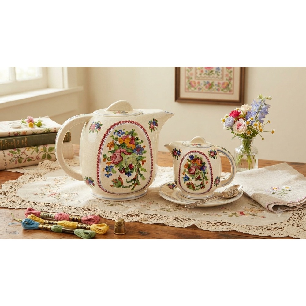 Vintage Hand Painted Japan Cross Stitch Floral Teapot & Creamer Set Cottagecore